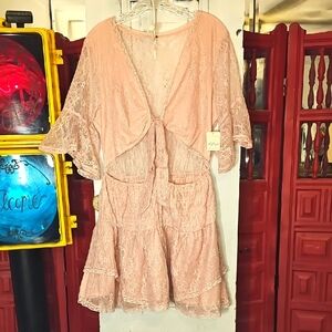 NWT Free People Womens Pink Rose Stretch Floral Lace Cut-out Tiered Mini Dress L